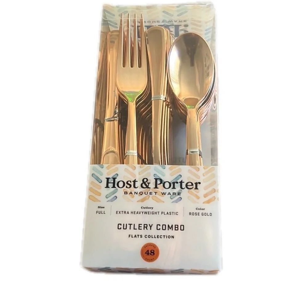 Host And Porter Rose Gold Plastic Flatware Cutlery Combo Set Full Size 48 Pieces